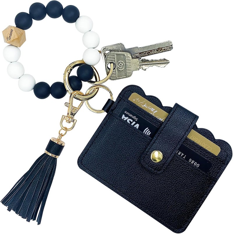 TSNSOEEO Keychain Wallet Wristlet Small Credit Card Holder Bracelet Key Chain Purse Bangle Tassel Beads Key Rings for Women - Image 1